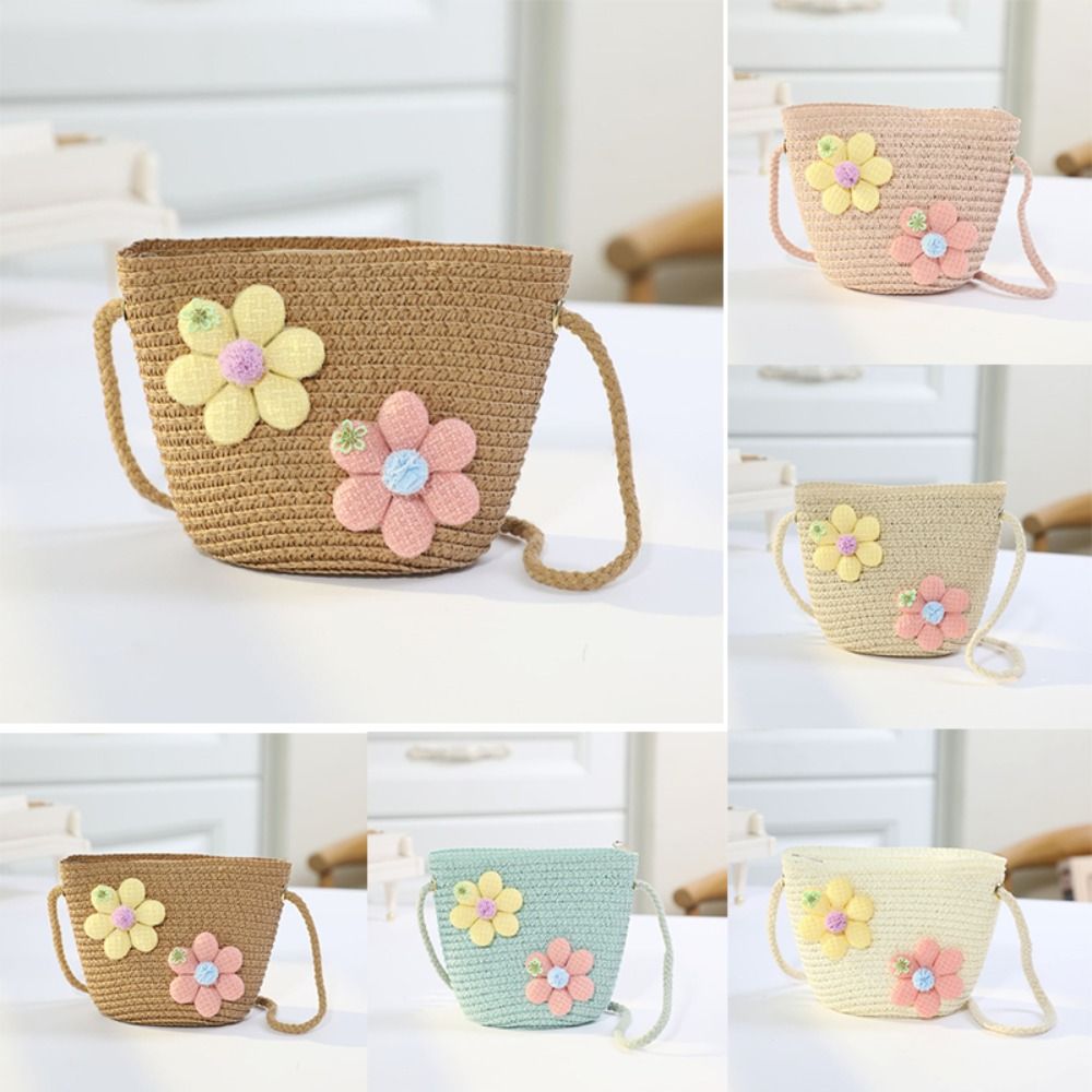 Woven Straw Bag - Handgemaakte geweven meisjesbloem strozak met rits
