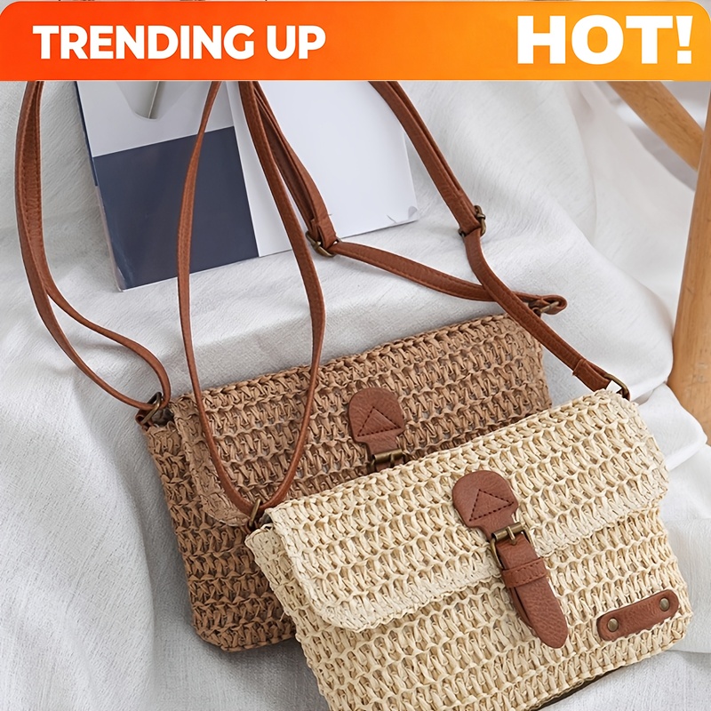 Woven Straw Bag - Vintage geweven stro crossbodytas voor dames