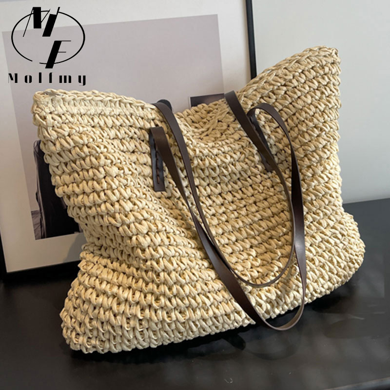 Woven Straw Bag - Strooien geweven draagtassen, casual, grote luxe